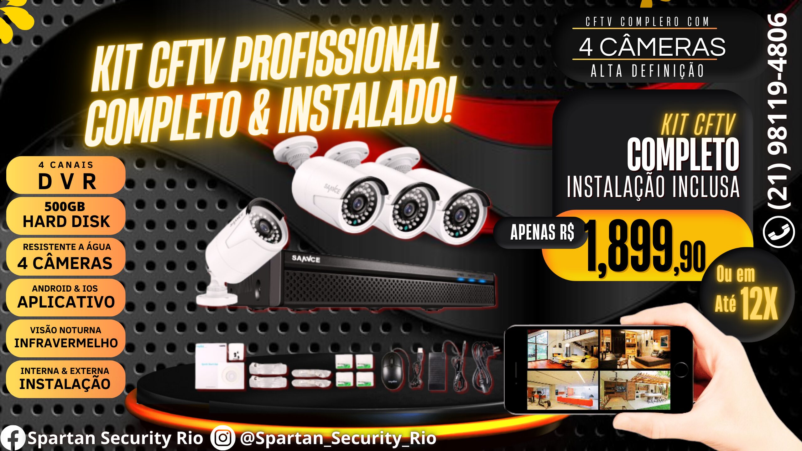 CFTV COMPLETO COM 4 CÂMERAS VIGILÂNCIA