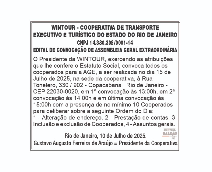 Wintour Cooperativa de Transporte Edital de Convocação de Assembleia Geral Extraordinária
