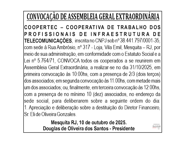 Convocação da assemblEia geral extraordinária – COOPERTEC