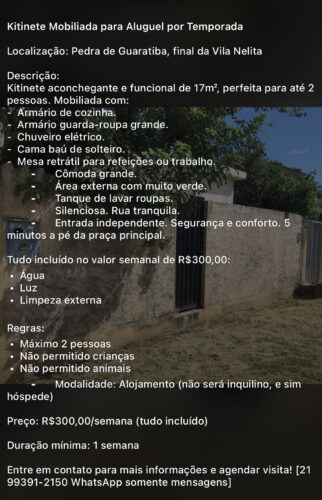 Kitinete Pedra de Guaratiba mobiliada